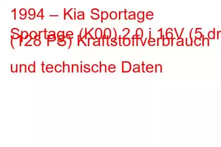 1994 – Kia Sportage
Sportage (K00) 2.0 i 16V (5 dr) (128 PS) Kraftstoffverbrauch und technische Daten