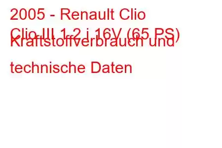 2005 - Renault Clio
Clio III 1.2 i 16V (65 PS) Kraftstoffverbrauch und technische Daten