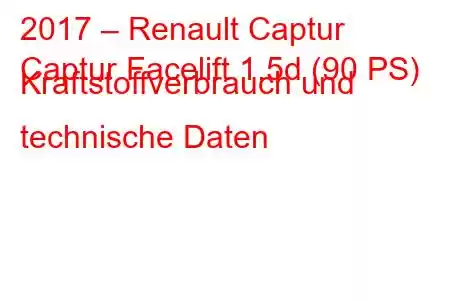 2017 – Renault Captur
Captur Facelift 1.5d (90 PS) Kraftstoffverbrauch und technische Daten