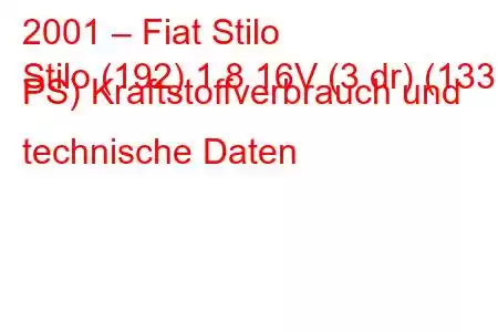 2001 – Fiat Stilo
Stilo (192) 1.8 16V (3 dr) (133 PS) Kraftstoffverbrauch und technische Daten