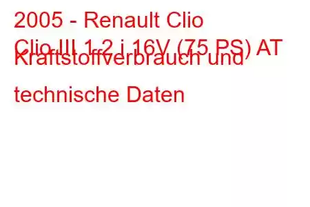 2005 - Renault Clio
Clio III 1.2 i 16V (75 PS) AT Kraftstoffverbrauch und technische Daten