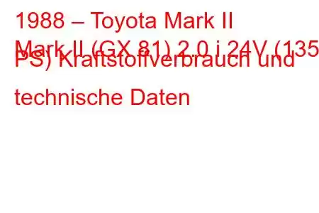 1988 – Toyota Mark II
Mark II (GX 81) 2.0 i 24V (135 PS) Kraftstoffverbrauch und technische Daten