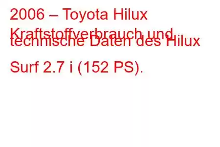 2006 – Toyota Hilux
Kraftstoffverbrauch und technische Daten des Hilux Surf 2.7 i (152 PS).