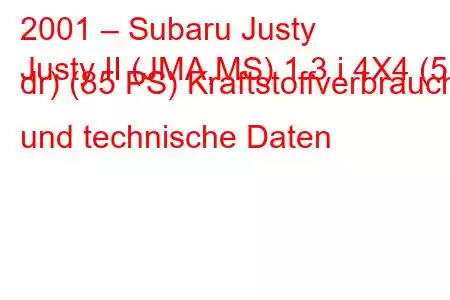 2001 – Subaru Justy
Justy II (JMA,MS) 1.3 i 4X4 (5 dr) (85 PS) Kraftstoffverbrauch und technische Daten