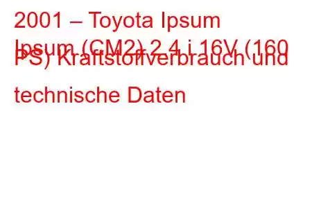 2001 – Toyota Ipsum
Ipsum (CM2) 2.4 i 16V (160 PS) Kraftstoffverbrauch und technische Daten