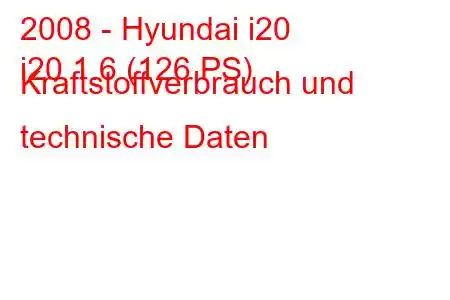 2008 - Hyundai i20
i20 1.6 (126 PS) Kraftstoffverbrauch und technische Daten