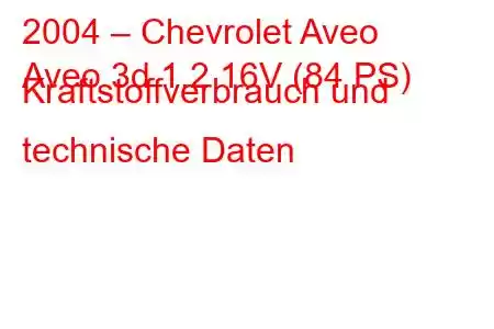 2004 – Chevrolet Aveo
Aveo 3d 1.2 16V (84 PS) Kraftstoffverbrauch und technische Daten