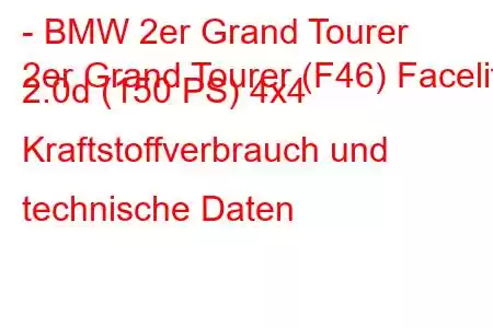 - BMW 2er Grand Tourer
2er Grand Tourer (F46) Facelift 2.0d (150 PS) 4x4 Kraftstoffverbrauch und technische Daten