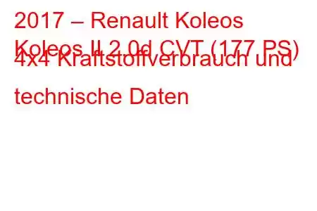 2017 – Renault Koleos
Koleos II 2.0d CVT (177 PS) 4x4 Kraftstoffverbrauch und technische Daten