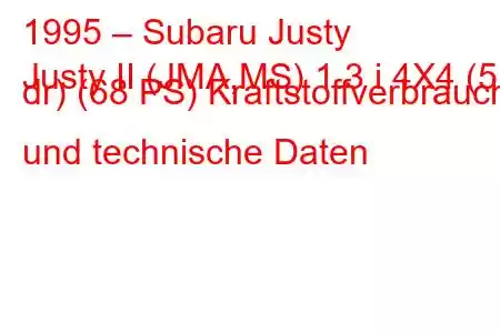 1995 – Subaru Justy
Justy II (JMA,MS) 1.3 i 4X4 (5 dr) (68 PS) Kraftstoffverbrauch und technische Daten