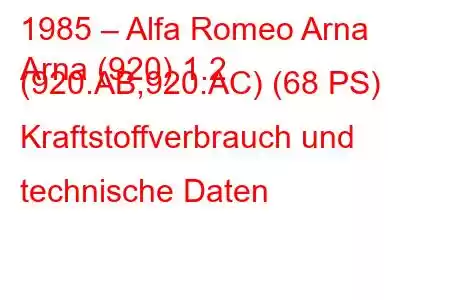 1985 – Alfa Romeo Arna
Arna (920) 1.2 (920.AB,920.AC) (68 PS) Kraftstoffverbrauch und technische Daten