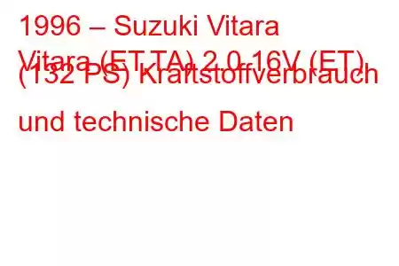 1996 – Suzuki Vitara
Vitara (ET,TA) 2.0 16V (ET) (132 PS) Kraftstoffverbrauch und technische Daten