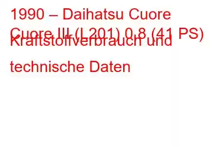 1990 – Daihatsu Cuore
Cuore III (L201) 0,8 (41 PS) Kraftstoffverbrauch und technische Daten