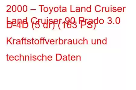 2000 – Toyota Land Cruiser
Land Cruiser 90 Prado 3.0 D-4D (5 dr) (163 PS) Kraftstoffverbrauch und technische Daten