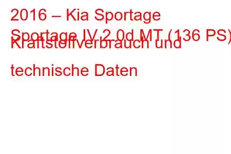 2016 – Kia Sportage
Sportage IV 2.0d MT (136 PS) Kraftstoffverbrauch und technische Daten