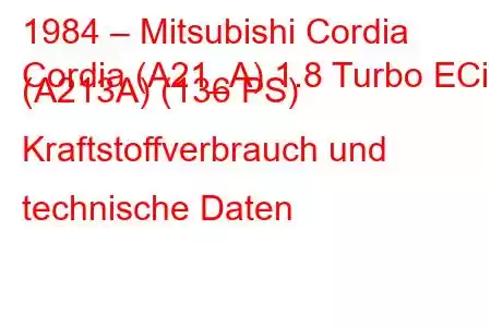 1984 – Mitsubishi Cordia
Cordia (A21_A) 1.8 Turbo ECi (A213A) (136 PS) Kraftstoffverbrauch und technische Daten