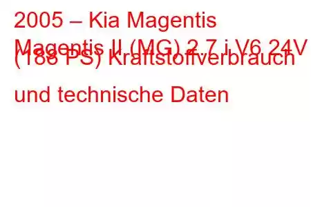 2005 – Kia Magentis
Magentis II (MG) 2.7 i V6 24V (188 PS) Kraftstoffverbrauch und technische Daten