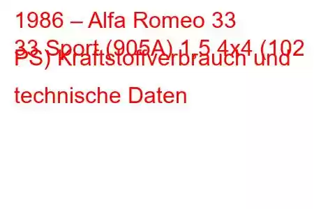 1986 – Alfa Romeo 33
33 Sport (905A) 1,5 4x4 (102 PS) Kraftstoffverbrauch und technische Daten