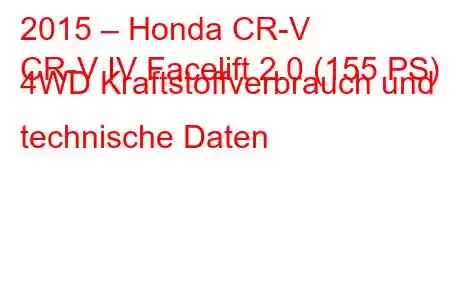 2015 – Honda CR-V
CR-V IV Facelift 2.0 (155 PS) 4WD Kraftstoffverbrauch und technische Daten