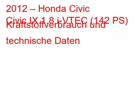 2012 – Honda Civic
Civic IX 1.8 i-VTEC (142 PS) Kraftstoffverbrauch und technische Daten