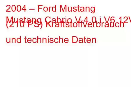 2004 – Ford Mustang
Mustang Cabrio V 4.0 i V6 12V (210 PS) Kraftstoffverbrauch und technische Daten