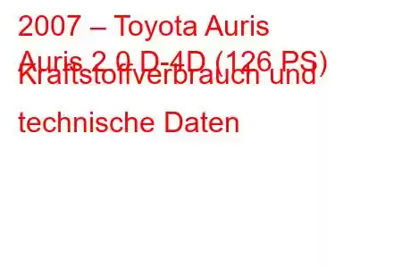 2007 – Toyota Auris
Auris 2.0 D-4D (126 PS) Kraftstoffverbrauch und technische Daten