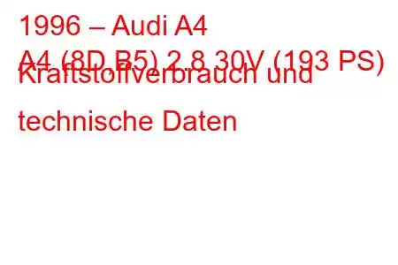 1996 – Audi A4
A4 (8D,B5) 2.8 30V (193 PS) Kraftstoffverbrauch und technische Daten