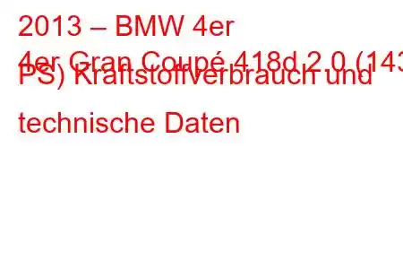 2013 – BMW 4er
4er Gran Coupé 418d 2.0 (143 PS) Kraftstoffverbrauch und technische Daten