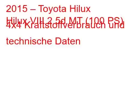 2015 – Toyota Hilux
Hilux VIII 2.5d MT (100 PS) 4x4 Kraftstoffverbrauch und technische Daten