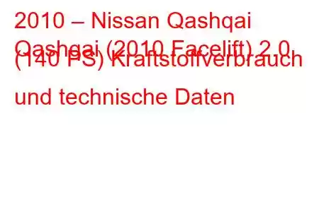 2010 – Nissan Qashqai
Qashqai (2010 Facelift) 2.0 (140 PS) Kraftstoffverbrauch und technische Daten