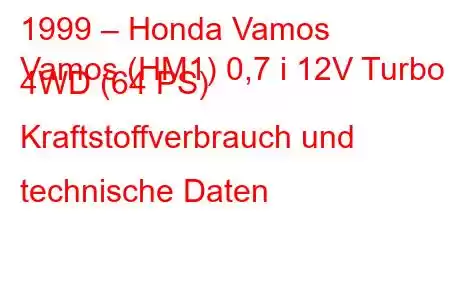 1999 – Honda Vamos
Vamos (HM1) 0,7 i 12V Turbo 4WD (64 PS) Kraftstoffverbrauch und technische Daten