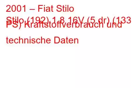 2001 – Fiat Stilo
Stilo (192) 1.8 16V (5 dr) (133 PS) Kraftstoffverbrauch und technische Daten