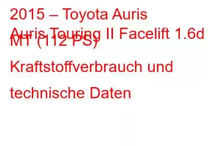 2015 – Toyota Auris
Auris Touring II Facelift 1.6d MT (112 PS) Kraftstoffverbrauch und technische Daten