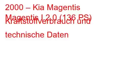 2000 – Kia Magentis
Magentis I 2.0 (136 PS) Kraftstoffverbrauch und technische Daten