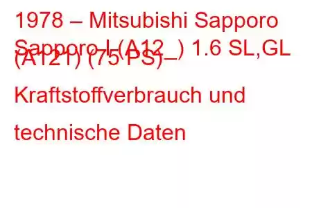 1978 – Mitsubishi Sapporo
Sapporo I (A12_) 1.6 SL,GL (A121) (75 PS) Kraftstoffverbrauch und technische Daten