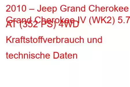 2010 – Jeep Grand Cherokee
Grand Cherokee IV (WK2) 5.7 AT (352 PS) 4WD Kraftstoffverbrauch und technische Daten