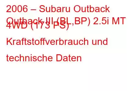 2006 – Subaru Outback
Outback III (BL,BP) 2.5i MT 4WD (173 PS) Kraftstoffverbrauch und technische Daten