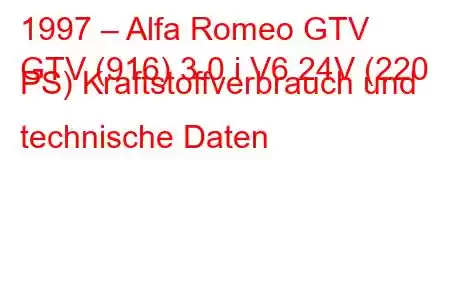 1997 – Alfa Romeo GTV
GTV (916) 3.0 i V6 24V (220 PS) Kraftstoffverbrauch und technische Daten