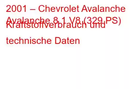 2001 – Chevrolet Avalanche
Avalanche 8.1 V8 (329 PS) Kraftstoffverbrauch und technische Daten