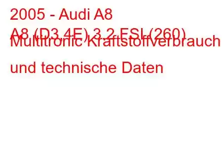 2005 - Audi A8
A8 (D3,4E) 3.2 FSI (260) Multitronic Kraftstoffverbrauch und technische Daten