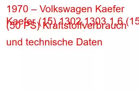 1970 – Volkswagen Kaefer
Kaefer (15) 1302,1303 1,6 (15) (50 PS) Kraftstoffverbrauch und technische Daten