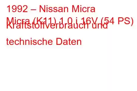 1992 – Nissan Micra
Micra (K11) 1.0 i 16V (54 PS) Kraftstoffverbrauch und technische Daten