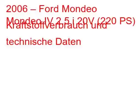 2006 – Ford Mondeo
Mondeo IV 2.5 i 20V (220 PS) Kraftstoffverbrauch und technische Daten