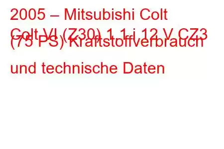 2005 – Mitsubishi Colt
Colt VI (Z30) 1.1 i 12 V CZ3 (75 PS) Kraftstoffverbrauch und technische Daten