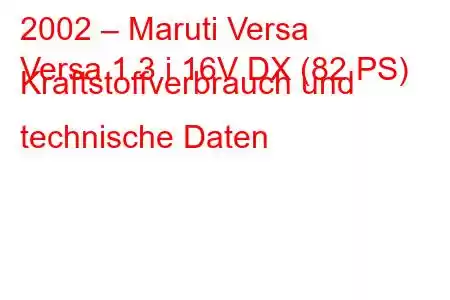 2002 – Maruti Versa
Versa 1.3 i 16V DX (82 PS) Kraftstoffverbrauch und technische Daten