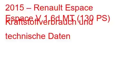 2015 – Renault Espace
Espace V 1.6d MT (130 PS) Kraftstoffverbrauch und technische Daten