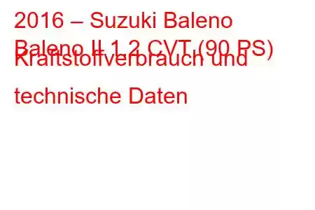 2016 – Suzuki Baleno
Baleno II 1.2 CVT (90 PS) Kraftstoffverbrauch und technische Daten