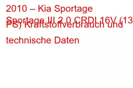 2010 – Kia Sportage
Sportage III 2.0 CRDI 16V (136 PS) Kraftstoffverbrauch und technische Daten