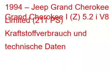 1994 – Jeep Grand Cherokee
Grand Cherokee I (Z) 5.2 i V8 Limited (211 PS) Kraftstoffverbrauch und technische Daten