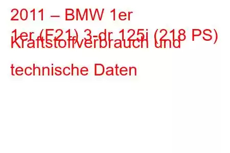 2011 – BMW 1er
1er (F21) 3-dr 125i (218 PS) Kraftstoffverbrauch und technische Daten